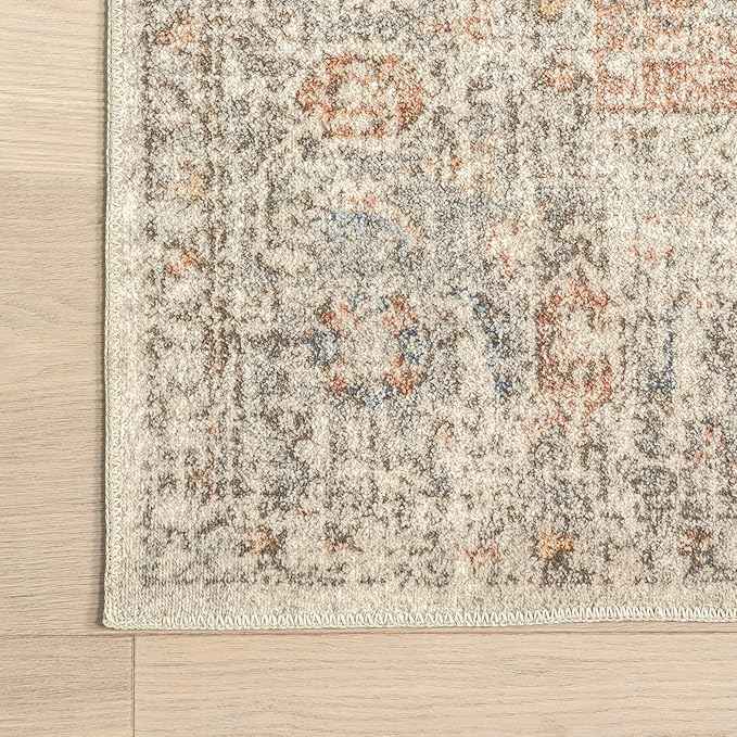 nuLOOM 4x6 Machine Washable Rain Haven Vintage Medallion Area Rug, Light Grey, Traditional Faded Design, Non-Slip Backing, Stain Resistant, For Bedroom, Dining Room, Living Room, Kitchen - LeafyLoom