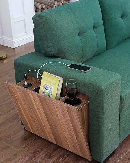 RITSU L Shape Sectional Sofa Pull Out Sleeper Bed with Storage, Reversible Couch w/Side Shelf and USB Charging Port, Linen Upholstered Tufted Cushion, for Living Room,Bedroom, Green, 92 inch - LeafyLoom