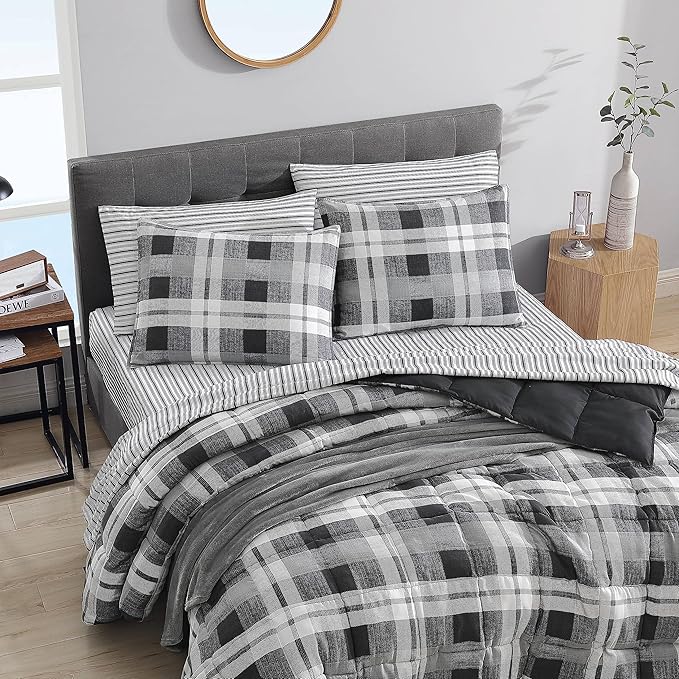 Nautica- Twin XL Comforter Set, Reversible Microsuede Bedding with Matching Sham(s), Casual Home Decor (Crossview Plaid Charcoal, Twin XL) - LeafyLoom