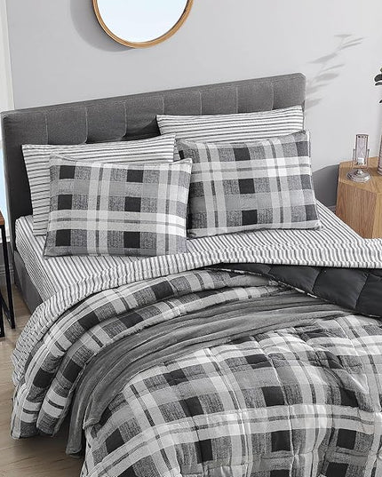 Nautica- King Comforter Set, Reversible Microsuede Bedding with Matching Sham(s), Casual Home Decor (Crossview Plaid Charcoal, King) - LeafyLoom