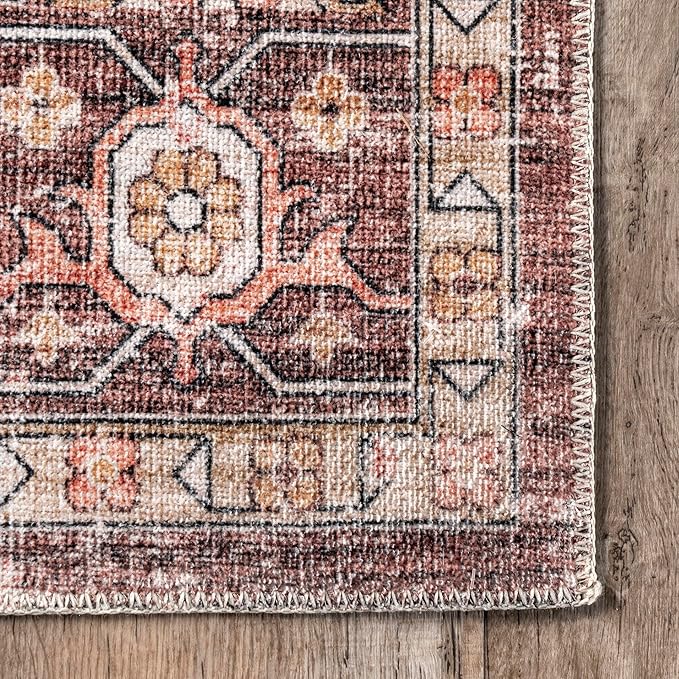 nuLOOM Emmy Faded Persian Machine Washable Ultra Thin Area Rug, 5' x 8', Red - LeafyLoom