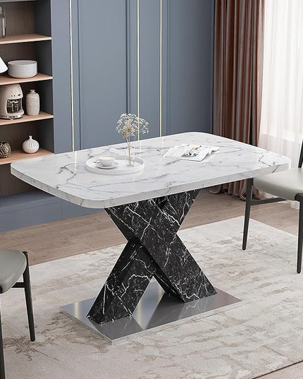NicBex Dining Table Contemporary Kitchen Table Farmhouse Rustic Square Dining Table, Stretchable, White Marble Table Top+MDF Black X-Shape Table Leg with Metal Base, Easy Assembly, White+Black - LeafyLoom