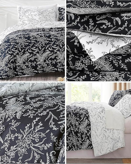 Southshore Fine Living, Inc. Oversized King Comforter Set, Down Alternative Floral Comforter with Matching Shams, Reversible Print is 2 Colors in 1, Fits King/Cal King, Winter Brush Black/White - LeafyLoom