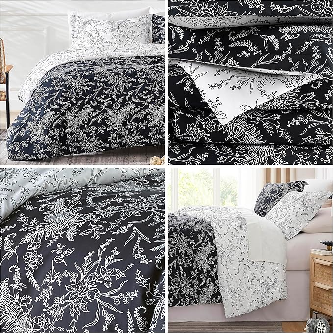 Southshore Fine Living, Inc. Oversized King Comforter Set, Down Alternative Floral Comforter with Matching Shams, Reversible Print is 2 Colors in 1, Fits King/Cal King, Winter Brush Black/White - LeafyLoom