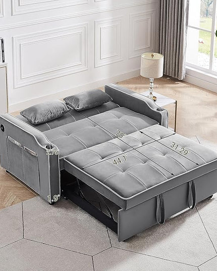 3-in-1 Velvet Upholstered Sofabed Tufted Futon Loveseat Sofa Convertible Sleeper Couch Bed with Cupholders and USB Charging Ports,Modern 2-Seaters Love Seat Daybed for Living Room, 55.2", Gray1 - LeafyLoom