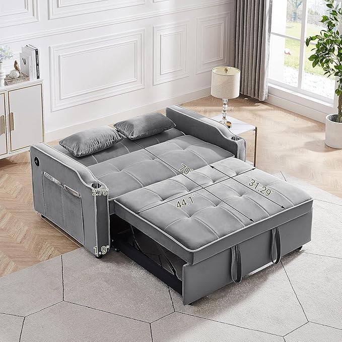 3-in-1 Velvet Upholstered Sofabed Tufted Futon Loveseat Sofa Convertible Sleeper Couch Bed with Cupholders and USB Charging Ports,Modern 2-Seaters Love Seat Daybed for Living Room, 55.2", Gray1 - LeafyLoom