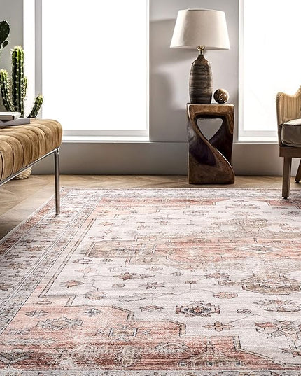 nuLOOM 5x8 Machine Washable Rain Haven Vintage Medallion Area Rug, Beige, Traditional Faded Design, Non-Slip Backing, Stain Resistant, For Bedroom, Dining Room, Living Room, Kitchen - LeafyLoom