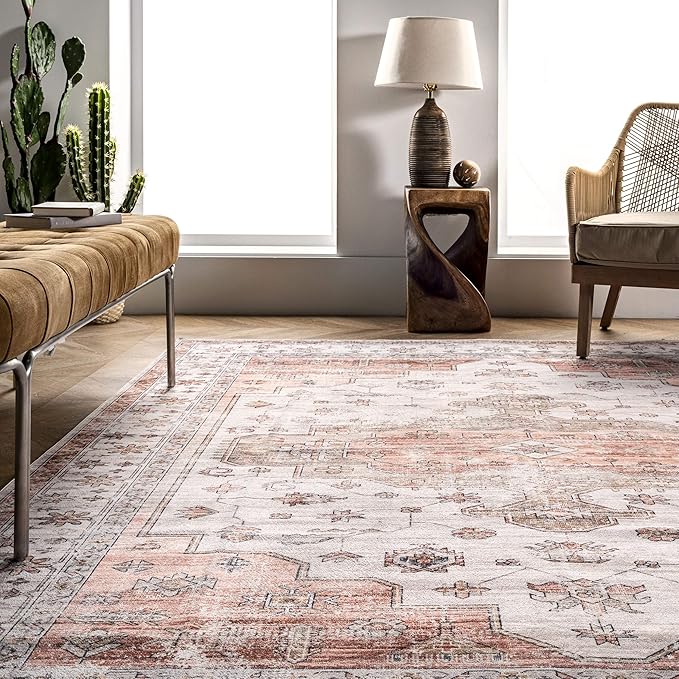 nuLOOM 5x8 Machine Washable Rain Haven Vintage Medallion Area Rug, Beige, Traditional Faded Design, Non-Slip Backing, Stain Resistant, For Bedroom, Dining Room, Living Room, Kitchen - LeafyLoom