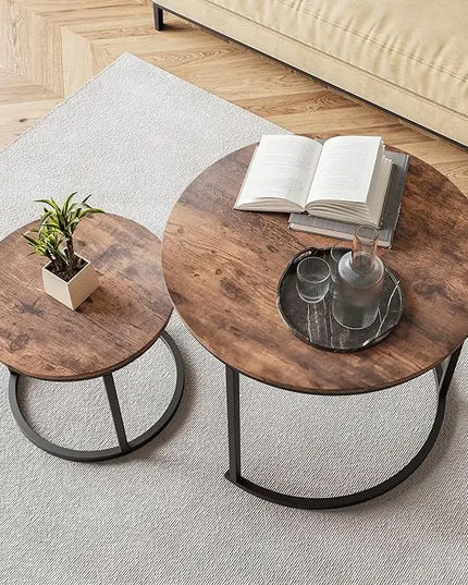 Round Coffee Table Set of 2 for Living Room,Black Small Coffee Table Living Room Table,Nesting Tables Metal Frame/Wood,Sturdy/Easy Assembly,Stacking Side Tables Bedroom,Rustic Brown - LeafyLoom