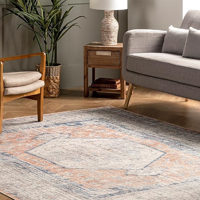 nuLOOM 2x3 Machine Washable Rain Haven Vintage Medallion Area Rug, Peach, Traditional Faded Design, Non-Slip Backing, Stain Resistant, For Bedroom, Dining Room, Living Room, Kitchen - LeafyLoom