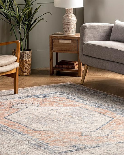 nuLOOM 6x9 Machine Washable Rain Haven Vintage Medallion Area Rug, Peach, Traditional Faded Design, Non-Slip Backing, Stain Resistant, For Bedroom, Dining Room, Living Room, Kitchen - LeafyLoom