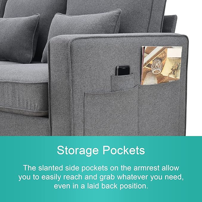 Modern Linen Fabric Sectional Sofa with Armrest Pockets and 4 Pillows, Deep Thick Cushion, Minimalist Upholstered 4-Seat Comfy Couch for Living Room, Apartment, Office, 104inch, Dark Grey - LeafyLoom