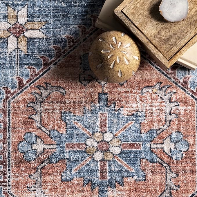 nuLOOM Zena Medallion Machine Washable Ultra Thin Area Rug, 5x8, Rust - LeafyLoom