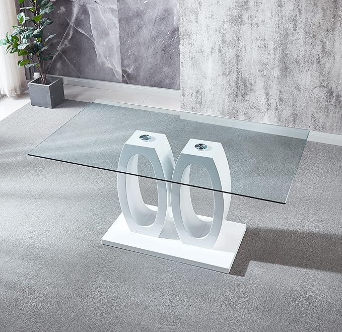 NicBex Modern Minimalist Rectangular Glass Dining Table Contemporary Double Pedestal Dining Table, Tempered Glass Top with MDF Base for Kitchen Dining Living Meeting Room Banquet Hall, White - LeafyLoom