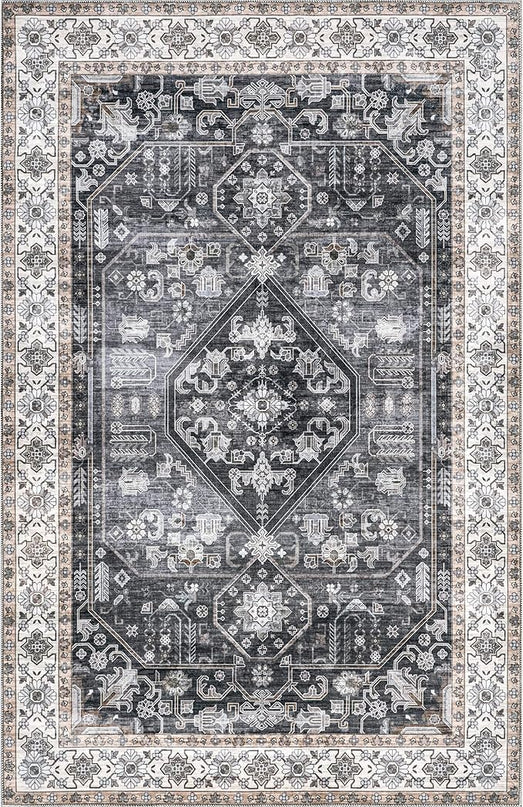 nuLOOM Devin Machine Washable Vintage Medallion Ultra Thin Area Rug, 5' x 8', Charcoal - LeafyLoom