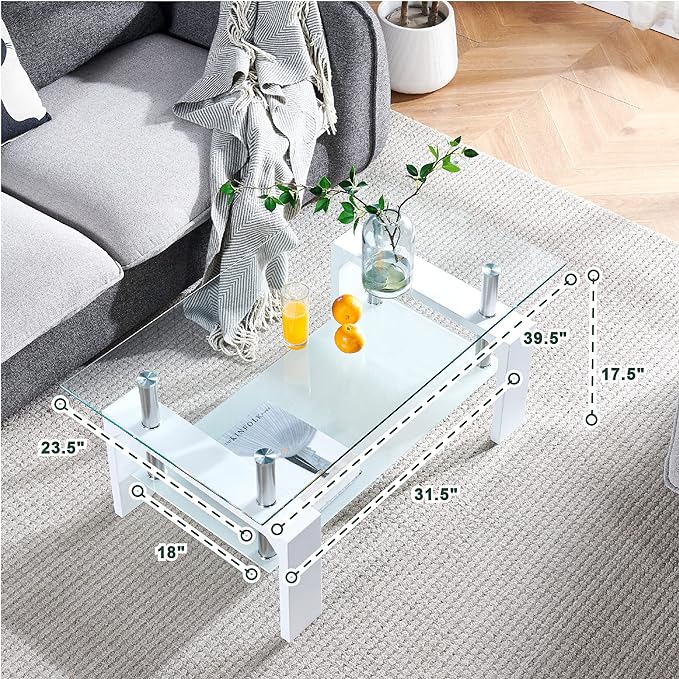 Living Room Rectangle Coffee Table, Tea Table Suitable for Waiting Room, Modern Side Coffee Table with Wooden Leg, Glass Tabletop with Lower Shelf, 39.5*23.5*17.5 inches , White - LeafyLoom