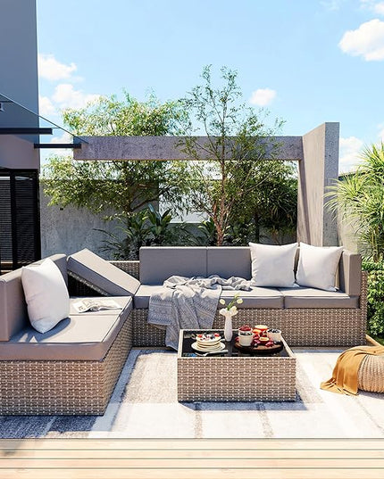 Pamapic Patio Furniture Set, 7 Pieces Modular Outdoor Sectional,Wicker Patio Sectional Sofa Conversation Set, Rattan Sofa with Coffee Table and Washable Cushions Covers, Grey Rattan(Grey Cushions) - LeafyLoom