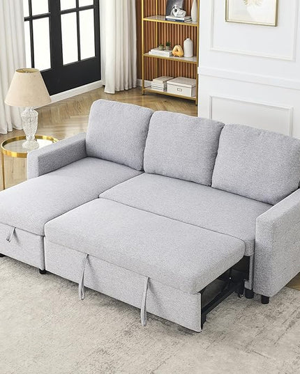 3 Seater Convertible Sectional Sofa with Reversible Chaise Lounge and Pull Out Sofabed, L Shaped Corner Couches with Storage , Comfy Linen Upholstered Sofa&Couches for Living Room Furniture Sets - LeafyLoom
