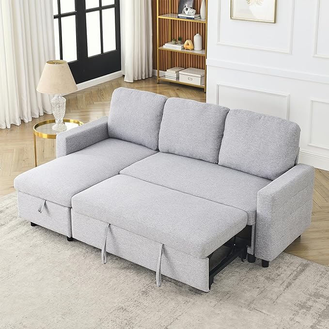 3 Seater Convertible Sectional Sofa with Reversible Chaise Lounge and Pull Out Sofabed, L Shaped Corner Couches with Storage , Comfy Linen Upholstered Sofa&Couches for Living Room Furniture Sets - LeafyLoom