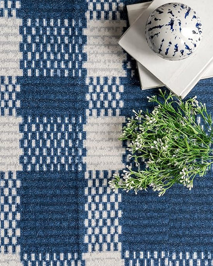 nuLOOM Rianne Machine Washable Plaid Farmhouse Ultra Thin Area Rug, 8' x 10', Blue - LeafyLoom