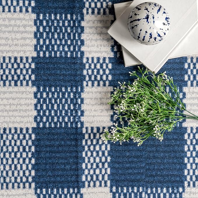 nuLOOM Rianne Machine Washable Plaid Farmhouse Ultra Thin Area Rug, 8' x 10', Blue - LeafyLoom