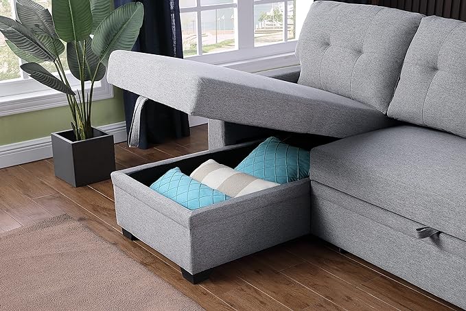 L Shaped Pull Out Sectional Sofa with Storage Chaise, 82 Inch Linen Upholstered Reversible Couch Sleeper Bed, for Living Room, Apartment and Office, Light Gray, 82 - LeafyLoom