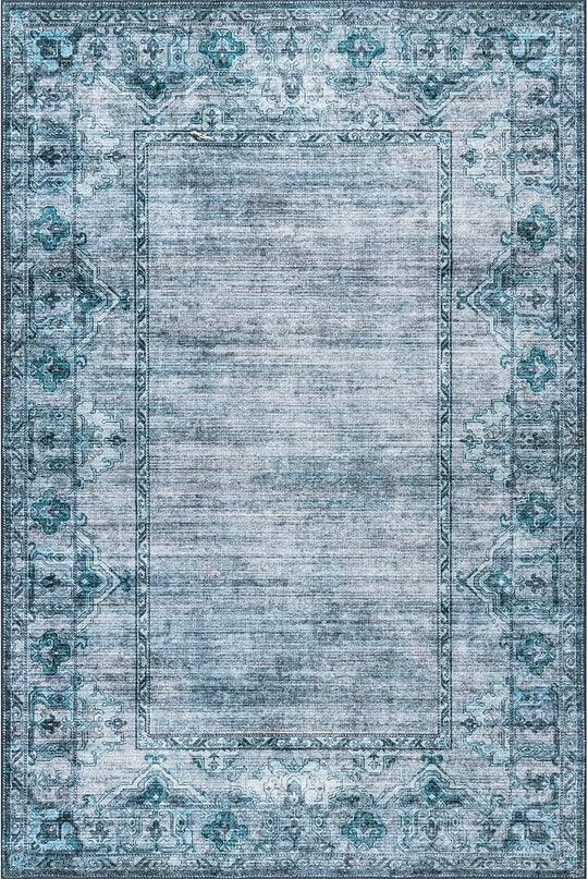 nuLOOM Eveline Distressed Persian Machine Washable Ultra Thin Area Rug, 4' x 6', Blue - LeafyLoom