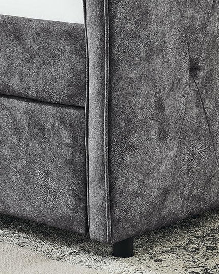 Full Upholstered Tufted Daybed with Twin Size Trundle, Pull Out Button on Back Bed, Waved Shape Arms, No Need Boxing Spring,for Bedroom, Living Room, Grey-3 - LeafyLoom