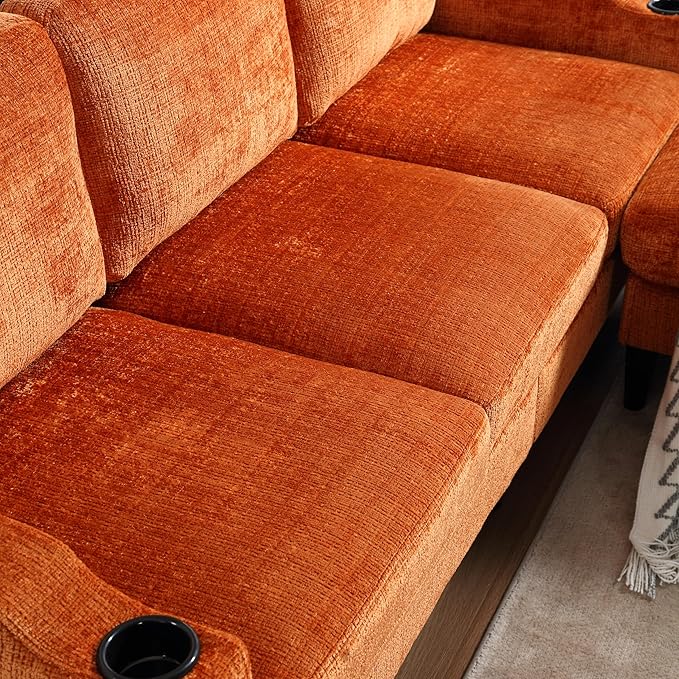 Convertible Sectional Sofa with Movable Storage Ottoman and Cupholders, 3 Seater L-Shaped Corner Couch,Chenille Upholstered Furniture w/Detachable Thicked Cushions for Living Room, Small Space - LeafyLoom