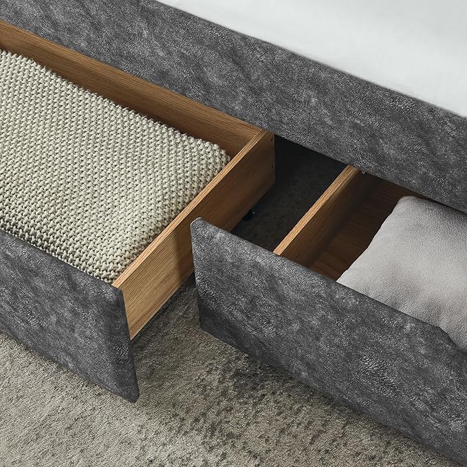 Queen Size Upholstered Daybed with Two Storage Drawers, Tufted Sofa Bed w/Waved Shape Arms, for Bedroom Living Room, No Box Spring Needed & Space-Saving Design, Grey - LeafyLoom