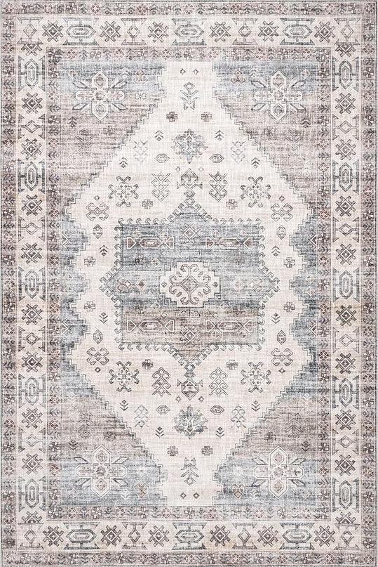 nuLOOM Emani Machine Washable Medallion Ultra Thin Area Rug, 8' x 10', Beige - LeafyLoom