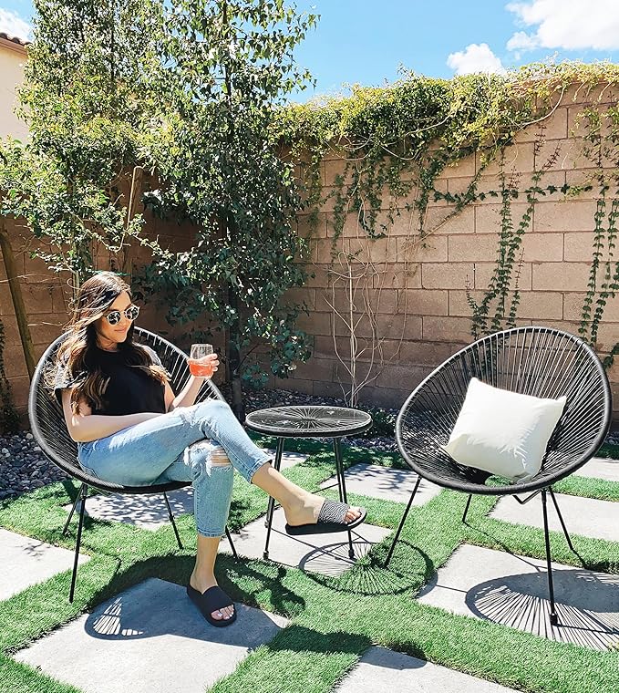 SONGMICS 3-Piece Outdoor Seating Acapulco Chair, Modern Patio Furniture Set, Glass Top Table and 2 Chairs, Indoor and Outdoor Conversation Bistro Set, Ink Black UGGF011B01 - LeafyLoom