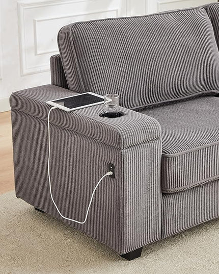 Modern Living Room Upholstered 3 Seater Sofa Couch Deep Seat Soft Corduroy Sofa&Couch with Storage Armrests, 2 Cupholders, Type-C and USB Charging Ports for Home, Apartment, Office - LeafyLoom