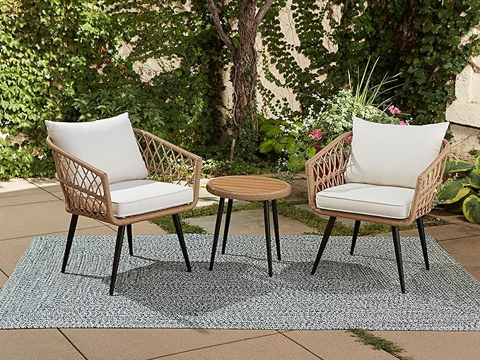 Quality Outdoor Living 65-YZ03HM Hermosa 3 Piece Chat Set, Aluminum Frame + Tan Wicker + Linen Cushions - LeafyLoom