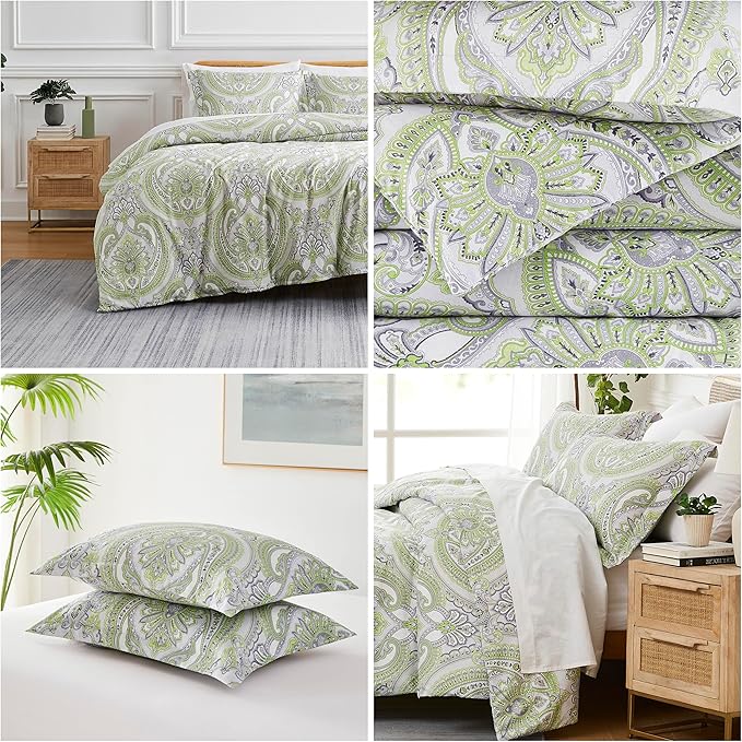 Southshore Fine Living, Inc. Oversized King Comforter Bedding Set, Down Alternative Boho Bedspread, Paisley Print Comforter, King/California King with 2 Matching Shams, Pure Melody Green - LeafyLoom