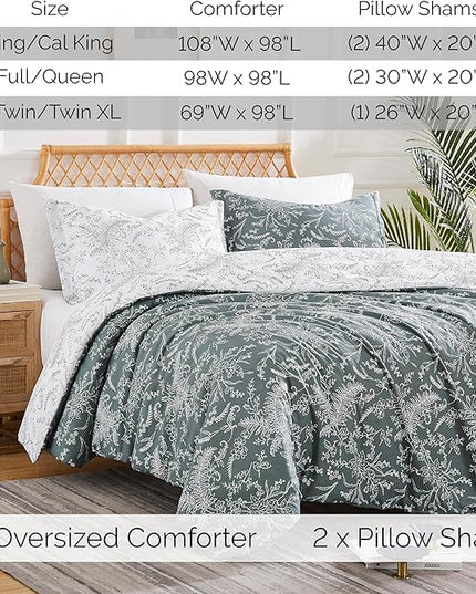Southshore Fine Living, Inc. Full/Queen Comforter Set, Down Alternative Floral Comforter with Matching Shams, Reversible Print is 2 Colors in 1, Fits Queen & Full Beds, Winter Brush Green/White - LeafyLoom