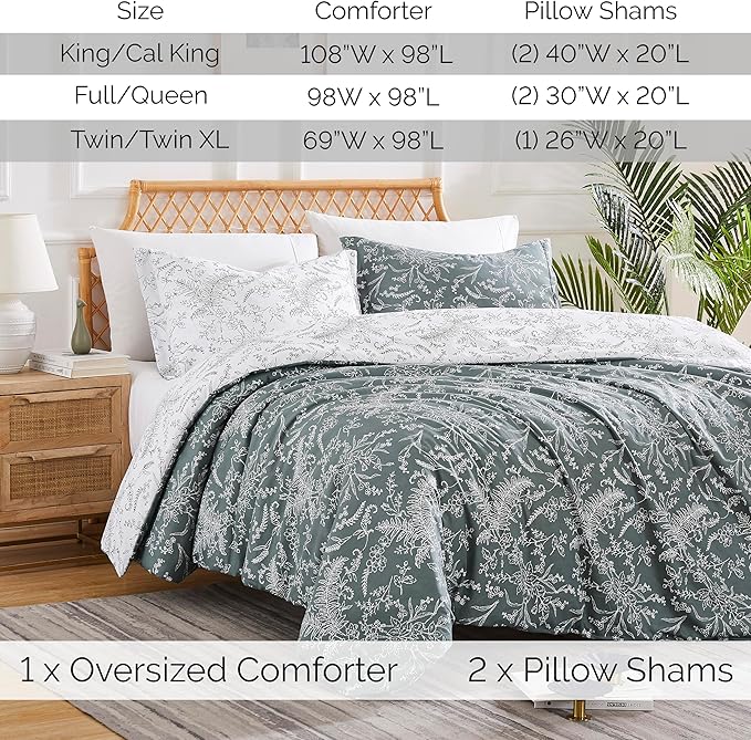 Southshore Fine Living, Inc. Full/Queen Comforter Set, Down Alternative Floral Comforter with Matching Shams, Reversible Print is 2 Colors in 1, Fits Queen & Full Beds, Winter Brush Green/White - LeafyLoom