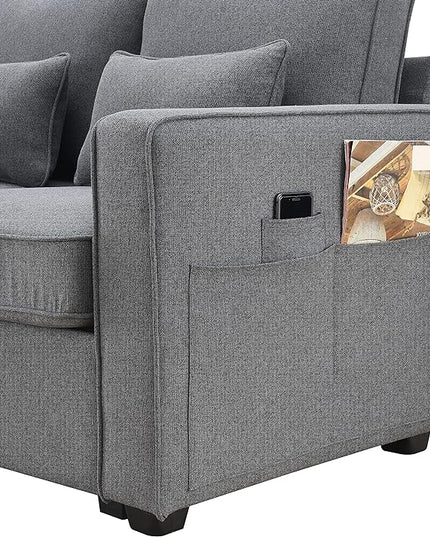 114.2" Linen Upholstered Sofa with Consoleand 2 USB Ports Wired or Wirelessly Charged,Modern 4-Seat Couches W/ 4 Pillows and Two Cupholders,for Living Room,Apartment,Dark Grey - LeafyLoom