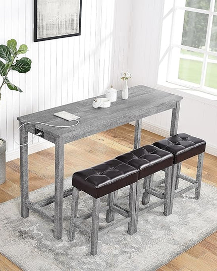 4 Piece Bar Dining Set with Power Outlet, Industrial Solid Wood Breakfast Table w/ 3 Padded Stools, Modern Dinette Furniture for Kitchen, Living Room, Apartment, Light Gray - LeafyLoom