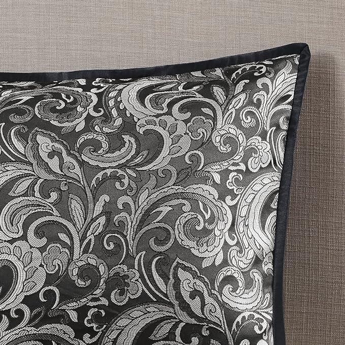 Madison Park Essentials Brystol 24 Piece Room in a Bag Faux Silk Comforter Jacquard Paisley Design Matching Curtains Down Alternative All Season Bedding-Set, Queen(90 in x 90 in), Black 24 Piece - LeafyLoom