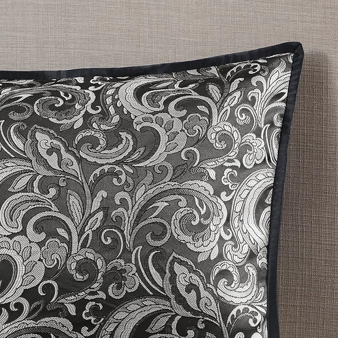 Madison Park Essentials Brystol 24 Piece Room in a Bag Faux Silk Comforter Jacquard Paisley Design Matching Curtains Down Alternative All Season Bedding-Set, Black 24 Piece, King(104 in x 92 in) - LeafyLoom