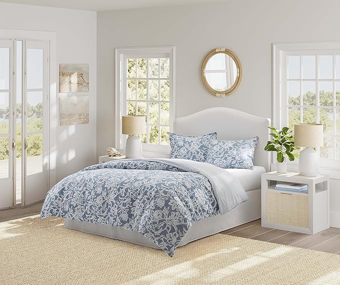 Nautica- Queen Comforter Set, Cotton Reversible Bedding Set, All Season Designer Home Décor (Tortola Blue, Queen) - LeafyLoom