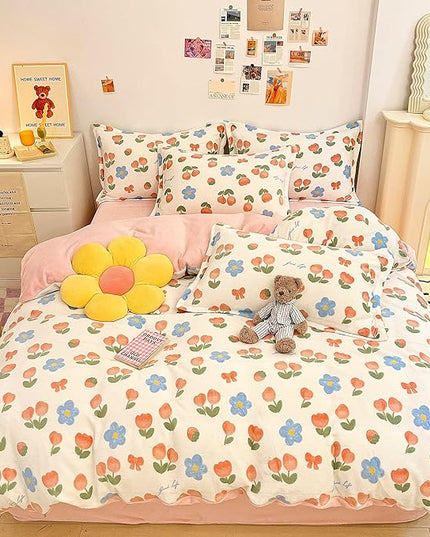 MorroMorn Pink Duvet Cover Queen, Pink Bed Set Tulips Floral Bedding Sets, Plush Fluffy Comforter Covers Set, Down Alternative Blanket Ultra Soft for Girls Kids Teen Women Full Double Size - LeafyLoom