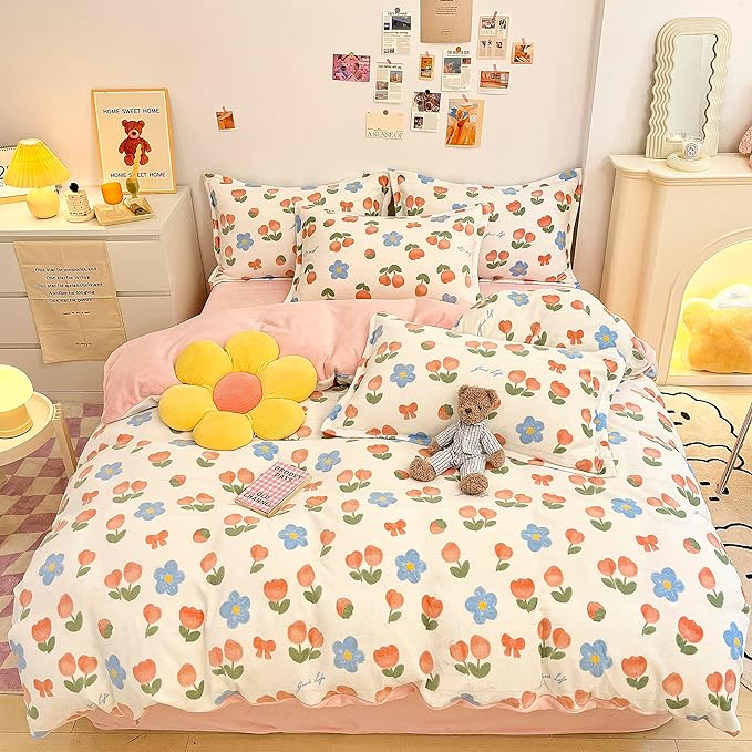 MorroMorn Pink Duvet Cover Queen, Pink Bed Set Tulips Floral Bedding Sets, Plush Fluffy Comforter Covers Set, Down Alternative Blanket Ultra Soft for Girls Kids Teen Women Full Double Size - LeafyLoom
