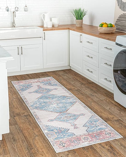 nuLOOM Olga Machine Washable Distressed Vintage Medallion Ultra Thin Runner Rug, 2' 6" x 8', Blue - LeafyLoom