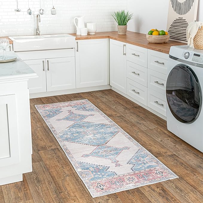 nuLOOM Olga Machine Washable Distressed Vintage Medallion Ultra Thin Runner Rug, 2' 6" x 8', Blue - LeafyLoom