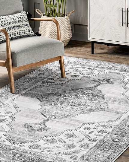 nuLOOM Gracie Distressed Medallion Machine Washable Ultra Thin Area Rug, 4x6, Grey - LeafyLoom