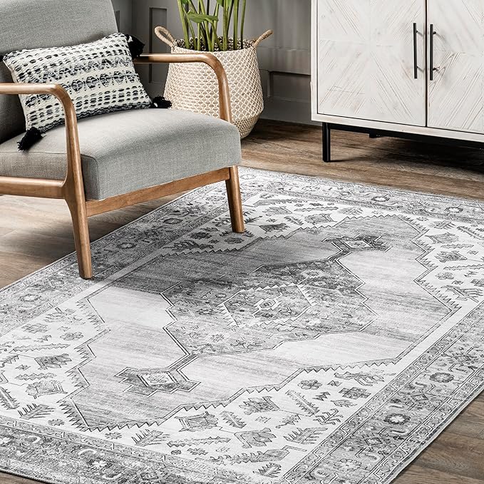 nuLOOM Gracie Distressed Medallion Machine Washable Ultra Thin Area Rug, 8x10, Grey - LeafyLoom