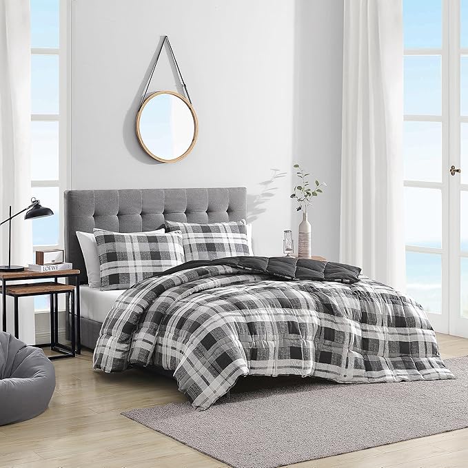 Nautica- Twin XL Comforter Set, Reversible Microsuede Bedding with Matching Sham(s), Casual Home Decor (Crossview Plaid Charcoal, Twin XL) - LeafyLoom