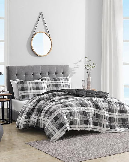 Nautica- King Comforter Set, Reversible Microsuede Bedding with Matching Sham(s), Casual Home Decor (Crossview Plaid Charcoal, King) - LeafyLoom